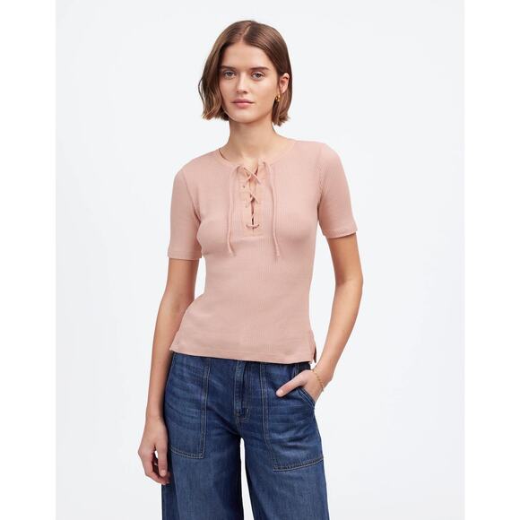 NWT Madewell Ribbed Lace-Up Short-Sleeve Tee Size S - Picture 1 of 7